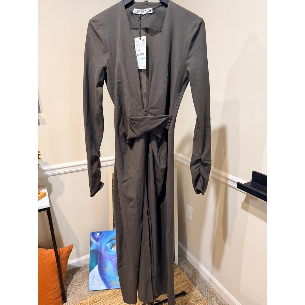 Zara light wool blend brown plunge v cinch waist split front dress M